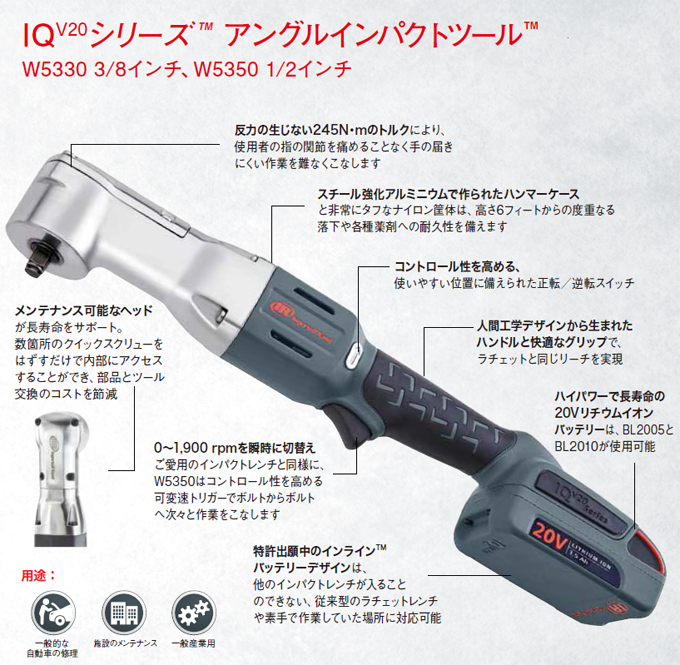 送料無料 インガソールランド 電動コードレスアングルインパクトレンチ新型バッテリー 2個付き
